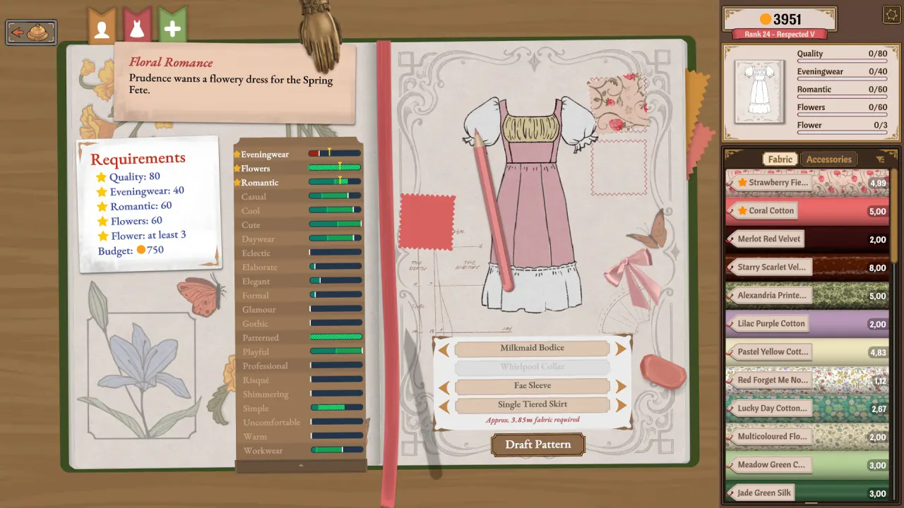 Sketchbook for Prudence's Floral Romance commission: Quality 80, Eveningwear 40, Romantic 60, Flowers 60, reward 750, approx. 5.85 m fabric required